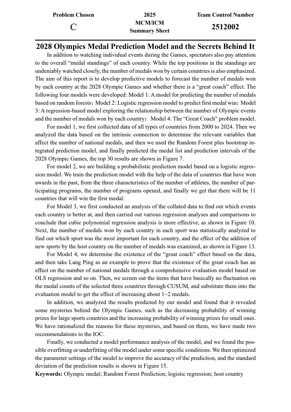 美赛论文 Summary Sheet